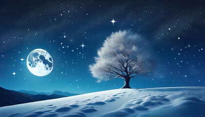 lonely tree on snowy hill at night with moon and stars ai generated