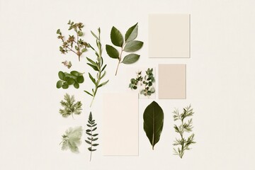Nature-inspired collage featuring assorted leaves and herbariums on a neutral background