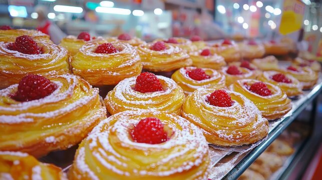 Delicious Mixed Berry Danish Pastry with Raspberry Topping in Bakery Display