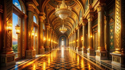 Obraz premium Grand Palace Hallway: Regal Digital Art - Ornate Architecture, Interior Design