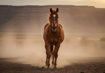 Horse with a strong, confident stance and determined eyes, set against a dusty brown background