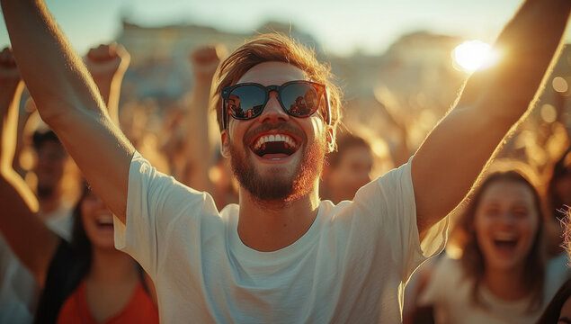 Jubilant music festival crowd cheering, sunglasses-wearing man raising arms under golden sunlight, celebrating summer concert vibes