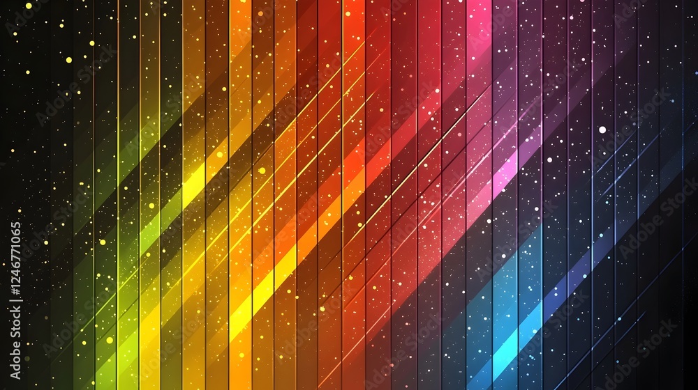 Poster a vibrant abstract design featuring diagonal stripes in a gradient of colors, from yellow to red to 