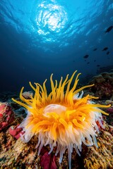 A coral reef teeming with glowing marine life.