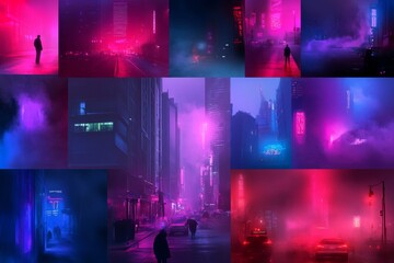 Fototapeta premium Nightlife city collage showcasing vibrant urban lights and mysterious figures in a foggy setting