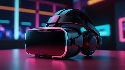 Immersive Realm: Virtual Reality Headset Glowing in a Neon Lit Environment