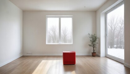 Empty room with hardwood floors, large windows, and a small red appliance