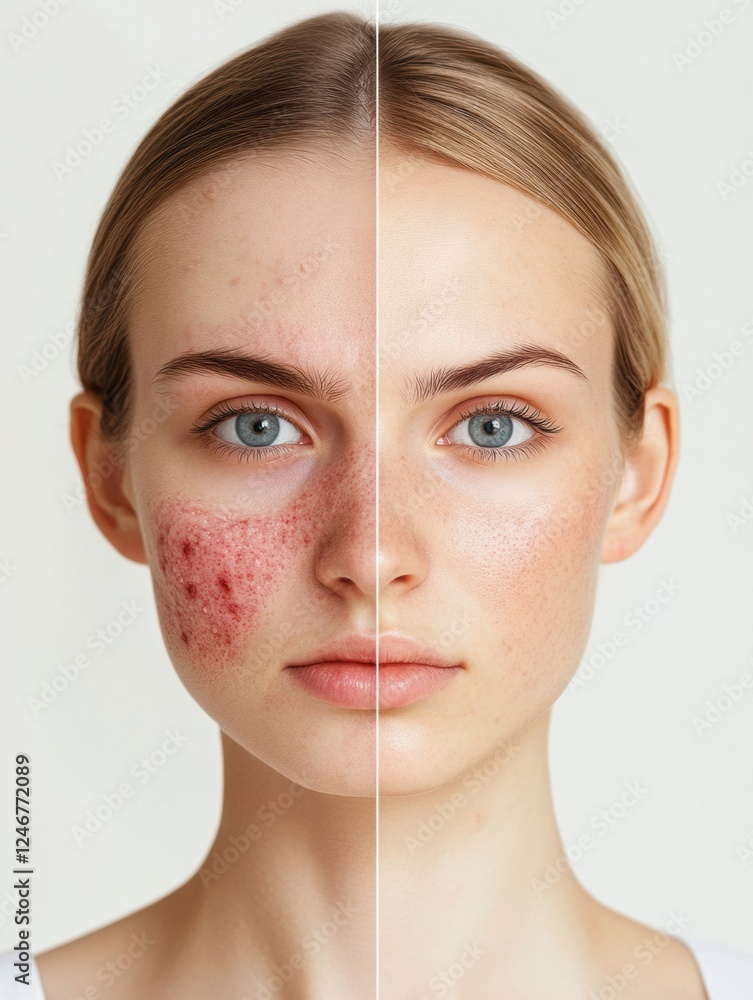 Poster split face comparison highlighting acne and redness on one side and smooth, glowing skin on the othe