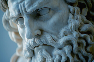 Face of the mighty demigod Hercules. Antique marble statue. Ancient Greek and Roman mythology.
