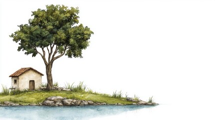 Obraz premium Watercolor Painting of Secluded Island House and Tree