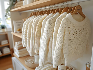 Display of Neutral-Colored Knitted Sweaters Hanging on a Wooden Rack in a Cozy Wardrobe With Greenery Elements Surrounding It