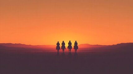 Fototapeta premium A simple, flat illustration of cowboys on horseback against the backdrop of an orange desert sunset 
