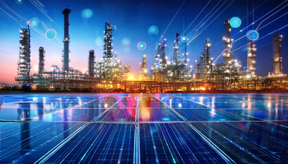 a vibrant industrial landscape showcasing oil refineries illuminated against a digital backdrop highlighting technology s integration with energy production