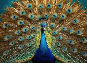 Obraz premium Majestic Peacock Displaying Vibrant Plumage and iridescent Feathers