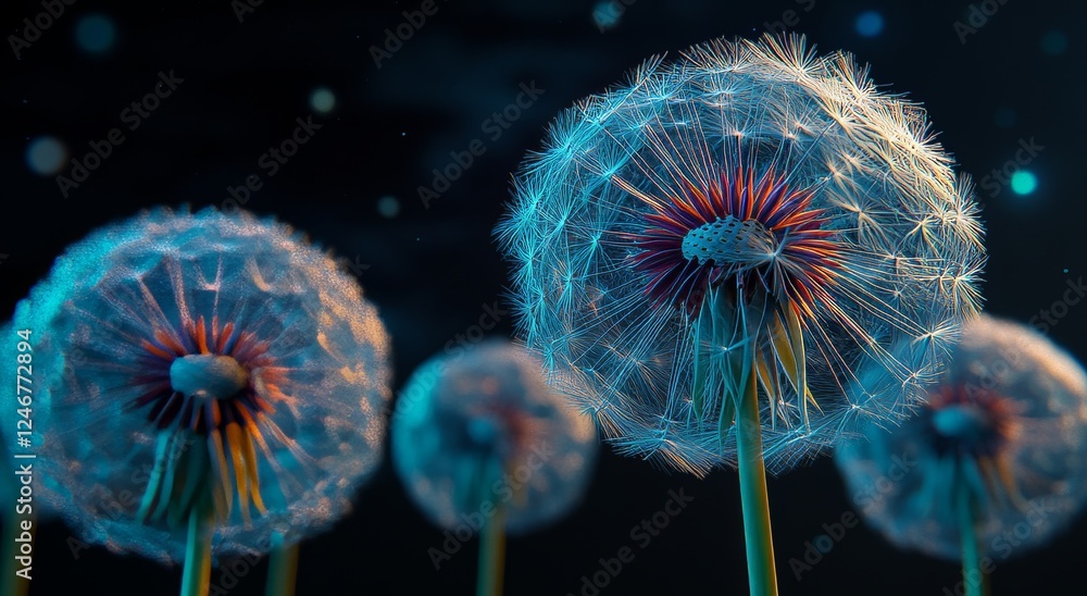 Poster dynamic digital artwork of dandelion seeds with intricate lines and colors