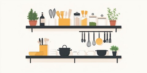 A creative shot of a wall-mounted iron shelf in a kitchen, holding utensils and plants for a clean, industrial look