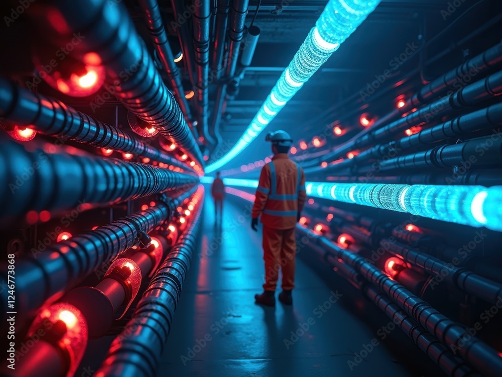 Poster underground energy facility showcasing illuminated pipelines and a technician monitoring the system 