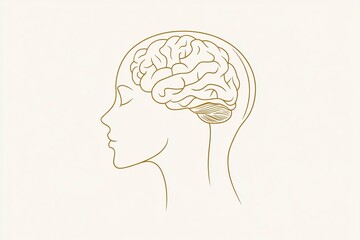 A simple vector line drawing of the side profile outline of a head with a brain on a white background, with golden lines, in a flat design style, vector art style, using simple shapes,