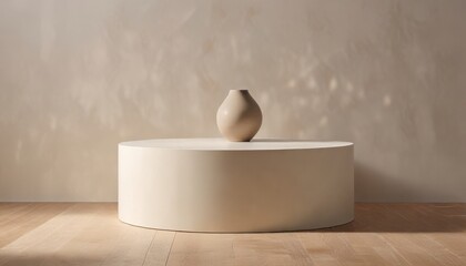 Minimalist earthenware vase on a neutral-toned cylindrical pedestal against a softly textured backdrop