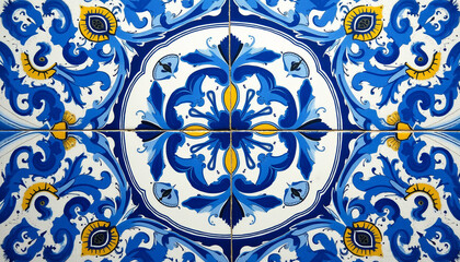 Hand-painted Mediterranean tile floor background, artistic and elegant, vibrant blue and white ceramic tiles with intricate swirling patterns