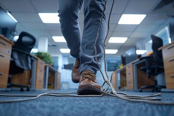 Man's Legs Close-up Tripping Over Electrical Cord at Home