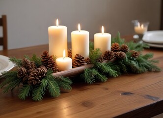 Scenic winter centerpiece featuring illuminated candles and natural pine cones in a rustic wooden vessel on a polished wood table
