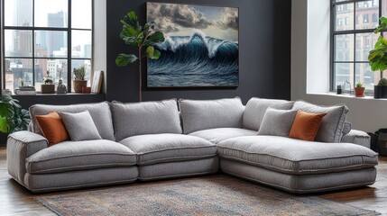 Fototapeta premium Grey sectional sofa, loft apartment, ocean wave art