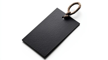 Sleek Black Satin Tag, minimalist design with a matte finish, embodies modern elegance, isolated on a clean white background, perfect for branding or labeling applications.