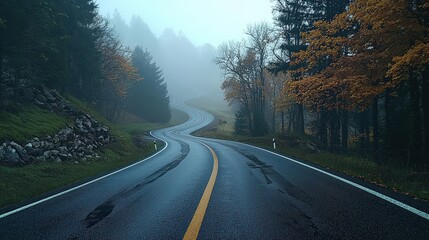 Fototapeta premium A foggy morning drive with raindrops on the car window, blurring the distant winding road ahead.