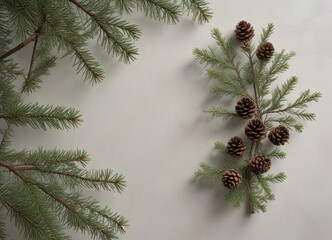 Serene Winter Arrangement of Pine Branches and Cones on a Neutral Background