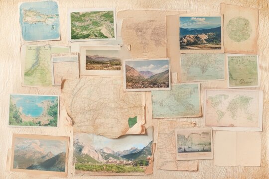 Travel memories collage features vintage maps and postcards from various locations and adventures