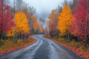 scenic autumn road flanked by vibrant fall foliage a dynamic visual filled with rich reds oranges and yellows inviting viewers to explore the beauty of nature in transition