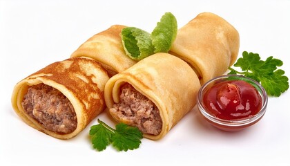 pancakes with red caviar  on a  white background