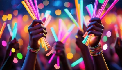Vibrant celebration of summer nights with colorful glow sticks amidst joyful revelers