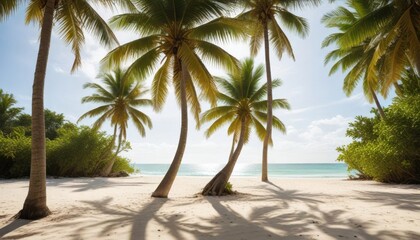 Obraz premium Serene Tropical Beach Scene with Palm Trees Casting Shadows on White Sand