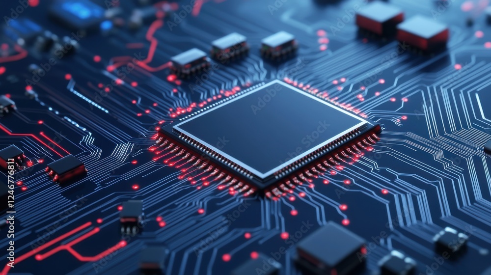 Aufkleber close-up of a high-tech microchip on a printed circuit board with red and black electrical connectio