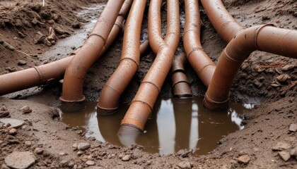 Muddy Trench with Brown Pipes and Standing Water