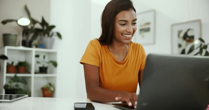 Excited, creative and woman with laptop, home and happy for submission of ebook, writer and online. Publishing, freelancer and smile for writing competition, email and opportunity for person in house
