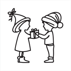 Single one line One continuous single drawing black line art doodle of a child presenting a handmade card to their mother on holiday silhouette on white background
