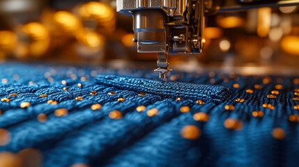 Close-up of an industrial sewing machine stitching blue quilted fabric. Precision sewing and textile manufacturing concept