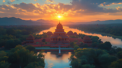 Obraz premium Sunset aerial view, temple island, river, mountains, Myanmar, travel brochure