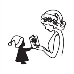 Single one line One continuous single drawing black line art doodle of a child presenting a handmade card to their mother on holiday silhouette on white background
