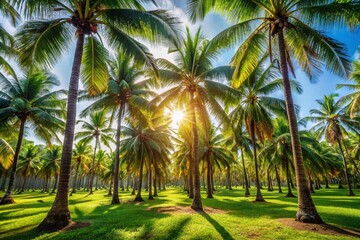 Obraz premium Hawaiian Coconut Palm Grove: Lush Tropical Paradise, Sunlit Coconuts, Vibrant Green Foliage