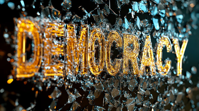 Word "Democracy" on black shattered glass - key principle of western civilization being destroyed