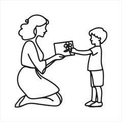 Single one line One continuous single drawing black line art doodle of a child presenting a handmade card to their mother on holiday silhouette on white background
