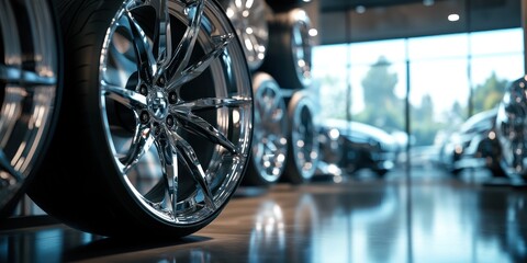 A creative shot of polished aluminum wheels displayed in an automotive showroom, highlighting their modern design