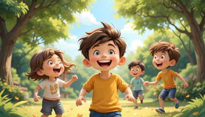 funny cartoon boy playing outdoors with friends on sunny park day