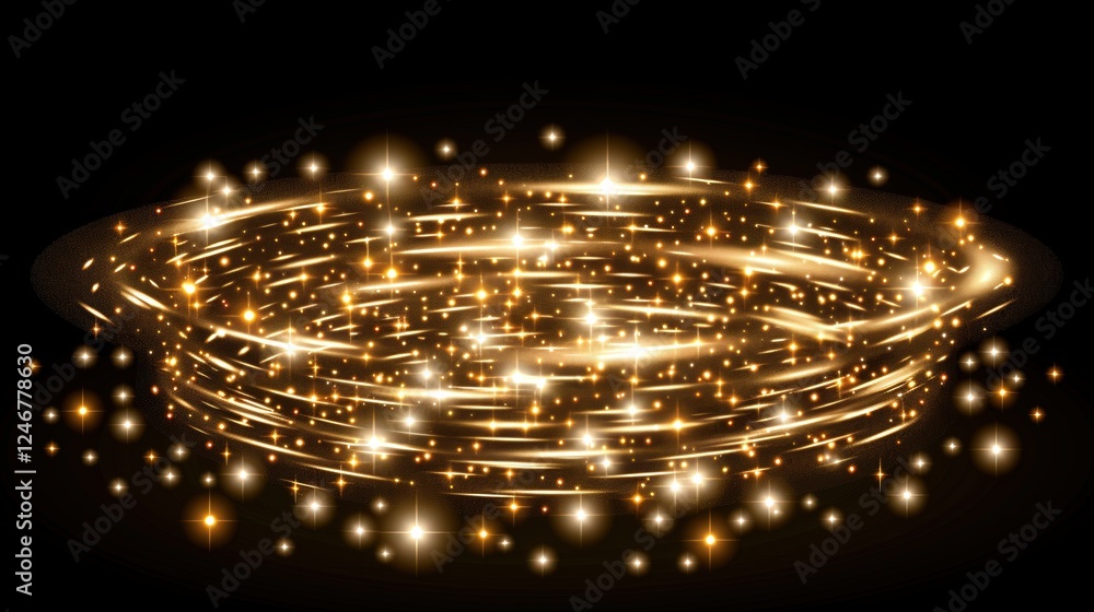 Poster a swirling golden light formation surrounded by sparkling particles against a dark background, creat