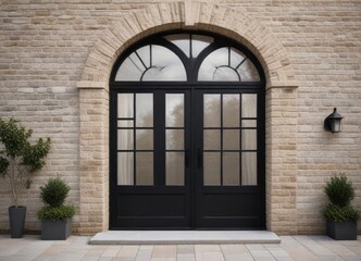 Obraz premium Elegant black double doors with arched transom window set in a light beige brick wall