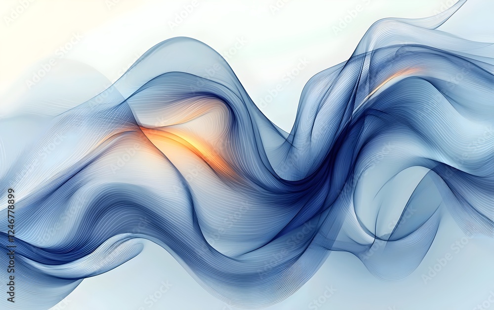 Poster a mesmerizing blend of flowing blue curves with hints of warm orange light, creating an ethereal atm